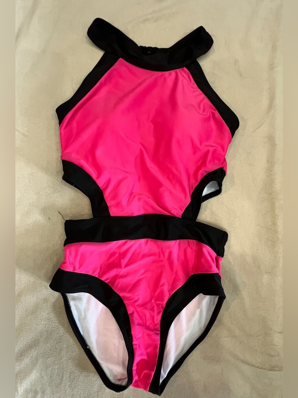 Hot Pink & Black Cutout One-Piece Swimsuit Unknown Brand No Tags Juniors